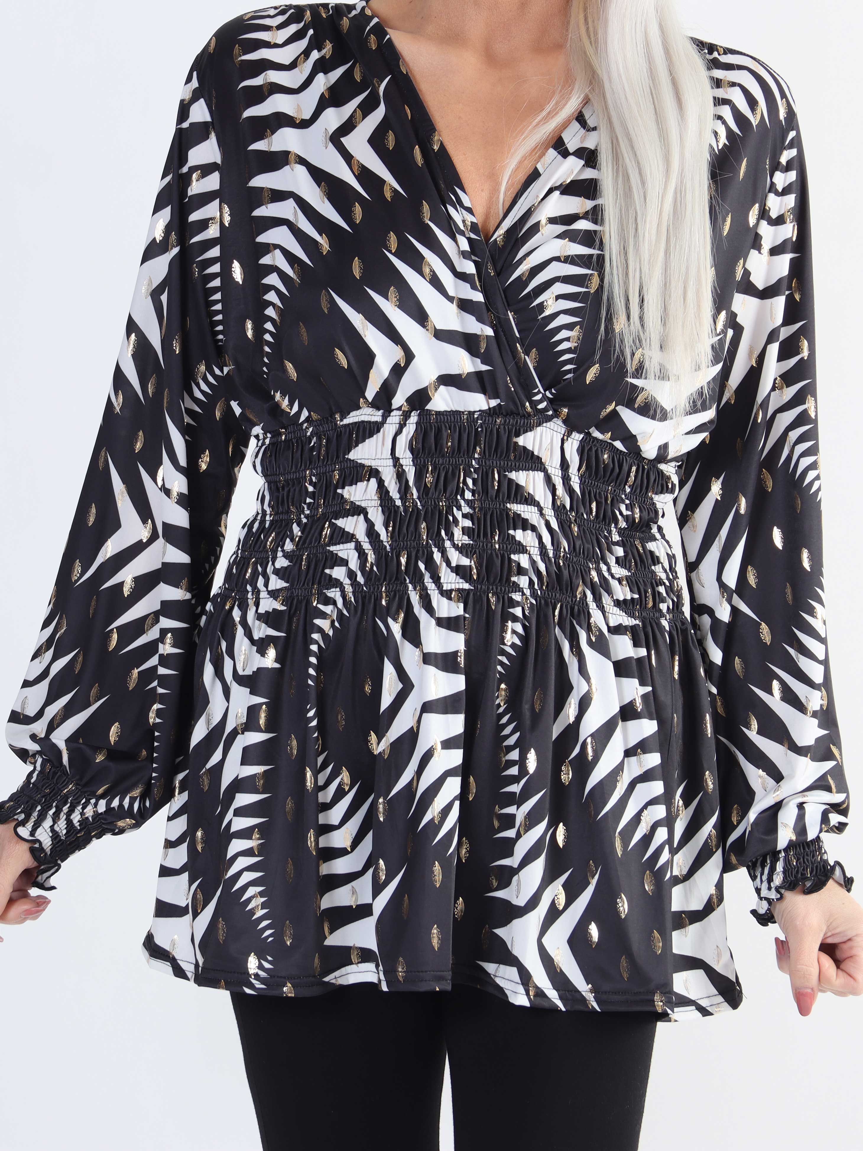 Pams Pattern Shirt L/S - Elastisk plus size bluse i krølfrit stof